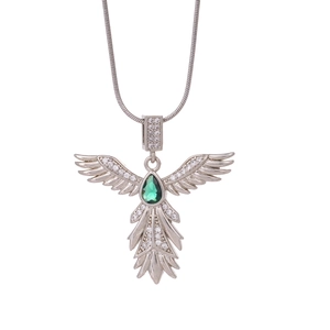 18K silver phoenix wing necklace with teardrop green stone and sleek snake chain