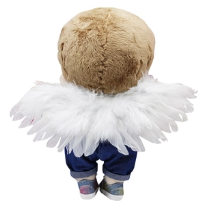 Rear view of plush doll featuring large white feather wings and blue denim pants