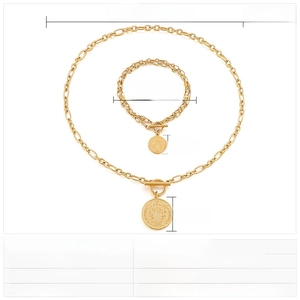 Size chart for stainless steel coin necklace and bracelet set with dimensions and weight