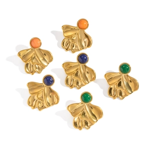 French vintage gold petal earrings set with natural lapis and colorful stones