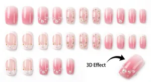 Pink gradient 3D floral press-on nails with pearls and short almond shape style