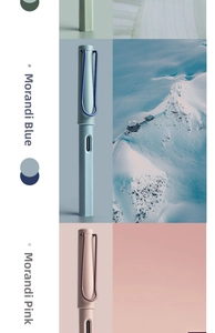 Détail des stylos-plumes Morandi bleu et rose avec grip ergonomique et clip métallique