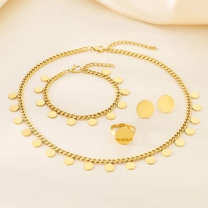 Stainless Steel Gold Plated Jewelry Set For Women Heart Star Round Bead Charm Cuban Chain Necklace Bracelet Ring Earrings