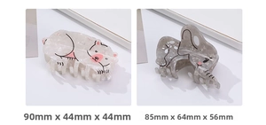 Polar bear and elephant hair claws in acetate marble finish with dimensions detail