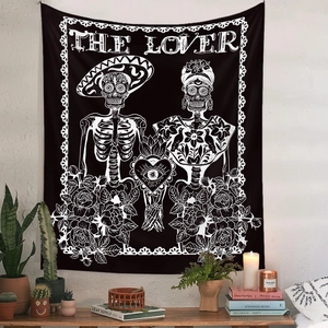 Bohemian black and white skull lovers tapestry for bedroom wall decor hanging