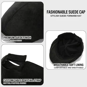 Retro black faux suede newsboy hat with adjustable strap and breathable lining detail