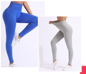 Detail of high-waist seamless yoga pants showing stretch elasticity and butt-lifting seams