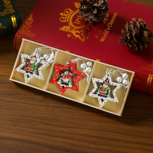 Exquisite wooden Christmas star pendants with Santa and reindeer motifs in a wood gift box