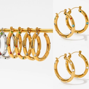 Stainless Steel Hoop Earrings With Colorful Rhinestone Inlaid Gold Silver Plated Geometric Round Jewelry For Women