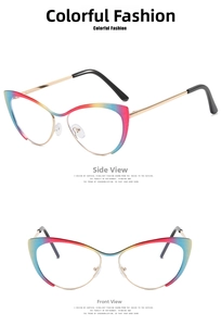 Detailed front and side view of cat-eye glasses with rainbow gradient frames and metal legs