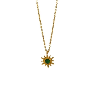 French vintage sun pendant necklace with green turquoise in gold plated stainless steel