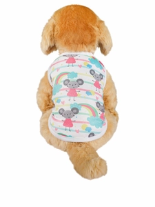 Detail of white summer dog vest with colorful mouse and rainbow prints on brown poodle