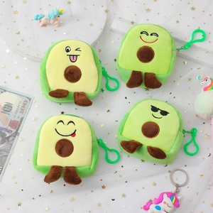 Close-up of plush avocado coin purses with funny facial expressions and green hooks