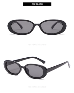 Close-up of retro oval sunglasses in glossy black frame with gray lenses, model S8016