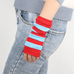 Detail of red and blue striped knitted arm sleeves with elastic cuffs for kids