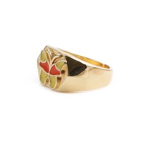 Detail view of a gold-plated copper ring with vibrant multi-color enamel butterfly