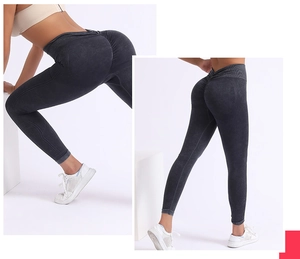Dettaglio dei leggings yoga senza cuciture grigio scuro a vita alta con effetto push-up