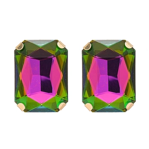 Vintage gold rectangular earrings with green and pink gradient crystal rhinestones