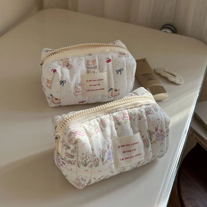 Quilted cotton cosmetic bags featuring cute cat and rabbit patterns in soft French style