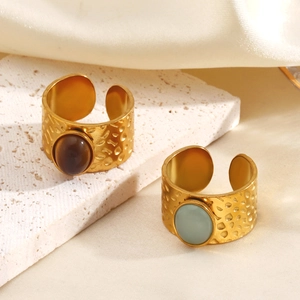 Minimalist gold plated hammered geometric rings with inset green and brown oval stones