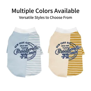 Asymmetric striped dog T-shirt in blue and ginger yellow with New York City print