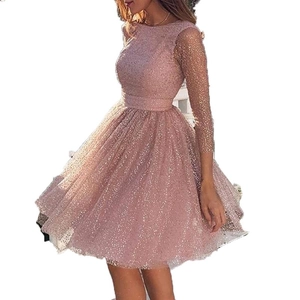 Detail of pink sequin mesh fabric on a sexy round neck mini dress for women
