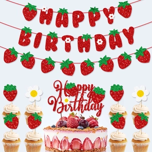 Strawberry Theme Birthday Party Decorations Glitter Cardstock Happy Birthday Banner Cake Topper Photo Props Background Cloth For Kids