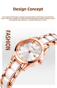 Vue macro du cadran en céramique blanche avec index en strass et guichet de date
