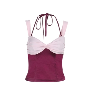 Top a fascia con scollo all'americana arricciato in rosa e bordeaux a contrasto