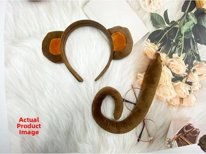 Brown monkey ears headband and plush tail set displayed on white soft fur background