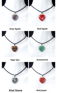 Necklace collage showing natural heart pendants in agate, tiger eye, and jasper stones