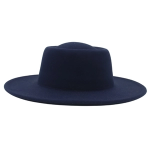 Detailed top view of navy blue wool felt wide brim hat with a flat crown design