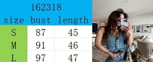Size chart for women's denim vest showing bust and length measurements for S, M, L