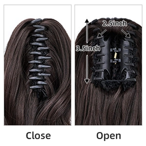 Dark brown claw clip ponytail extension showing open and closed status with measurements