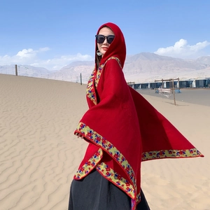 Ethnic hooded red poncho with floral embroidery for desert travel photography and wind protection