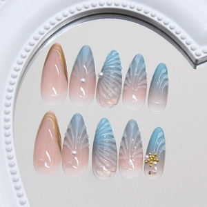 Blue and pink gradient almond press-on nails with 3D seashells and pearls beach style