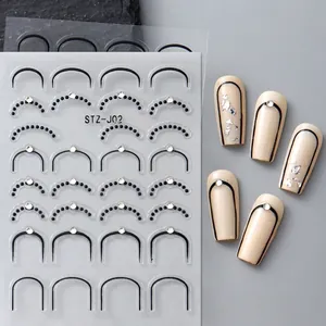 Détails de stickers d'ongles 5D gaufrés avec strass blancs et lignes noires élégantes