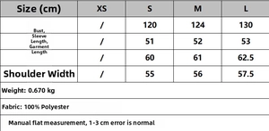 Guide des tailles pour veste minimaliste en laine avec mesures du S au L