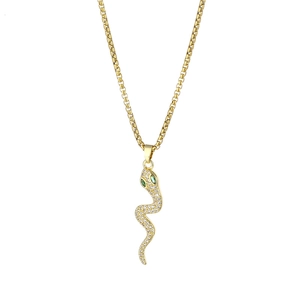 Gold stainless steel snake pendant necklace with pavé crystals and green gemstone eyes