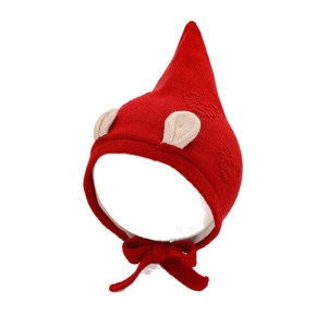 Red winter knit gnome hat for babies with cute pointed ears and warm ear flaps