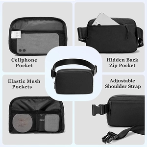 Detail view of black waist bag features including cell pocket and mesh storage