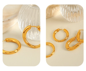 Macro shot of gold hoop earrings in round and oval shapes with a high-polished finish