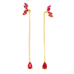 Minimalist gold tassel earrings featuring marquise peach-red stones and teardrop gems