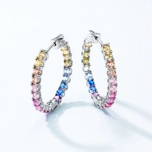 Elegant S925 silver hoop earrings with rainbow gradient cubic zirconia stones