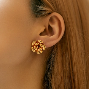 Exquisite 18K gold plated floral stud earrings shown on model for a luxury style
