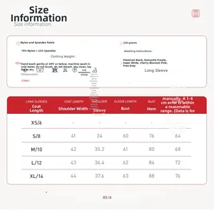 Size chart for slim fit yoga long sleeve top showing measurements for S to XL sizes