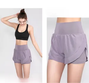Close-up of double-layer yoga shorts with high waist design and inner liner