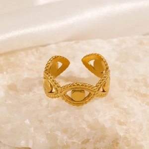 18K gold plated stainless steel open ring with hollow evil eye geometric design