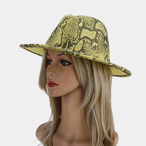 Detail of elegant yellow and black snakeskin pattern on a wool fedora hat