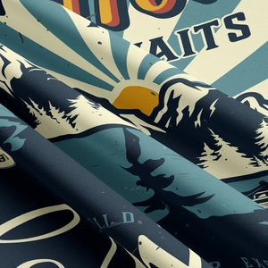 Gros plan du tissu de tapisserie de camping avec motif de montagne vintage